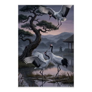 Póster Grous sob Pinheiros Estética Oriental Fleece 