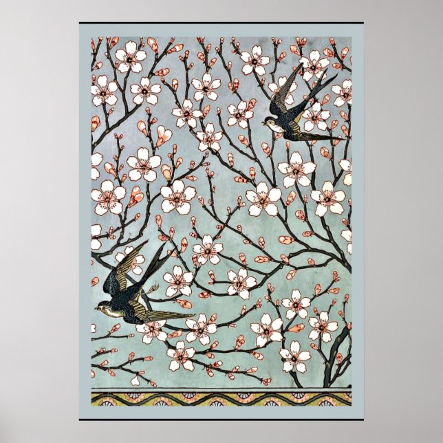 Poster Grua - Flores de Amendoeira e Andorinhas (Frente)