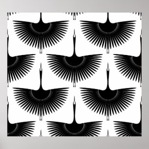 Poster Grua Graciosa: Padrão de Pássaro Oriental