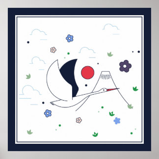 Poster Grua-voadora branca, vermelha e Abstrato azul-escu