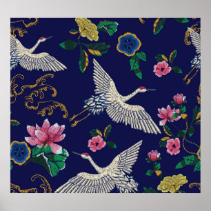 Poster Gruas bordadas e flores, sem costura de vinhaça