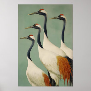 Poster Gruas Japonesas Majestosas Arte de Parede Verde, L