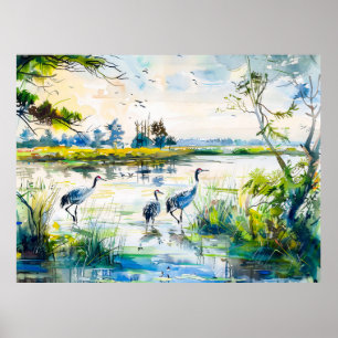 Poster Gruas junto ao Rio Havelland Estilo Aquarela
