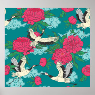 Poster Gruas Peonies: Gráficos Florais Vintage