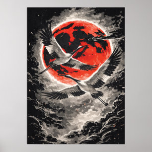 Poster Gruas Voando na Lua Vermelha - Arte Japonesa