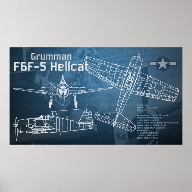 Poster Grumman F6F Hellcat Blueprint (Frente)