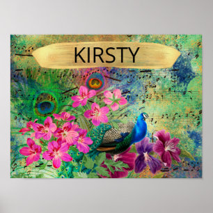 Poster Grunge de Pavão e Flores Ilustrado Antiquado