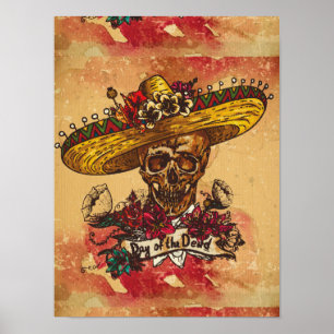 Poster Grunge, o Dia das Bruxas, crânio, chapéu mexican