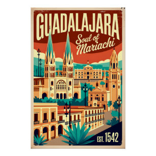 Póster Guadalajara Vintage México Alma do Mariachi Retro
