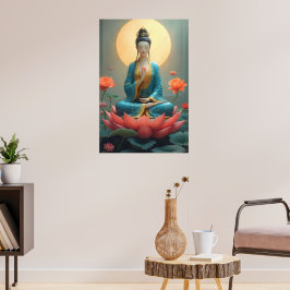 Poster Guanyin Meditando sobre um Lotus Radiante