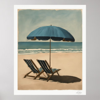 Poster Guarda-chuva Azul à Beira-Mar e Cadeiras de Praia