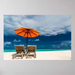 Póster Guarda-chuva de Sun no Sandy Beach Maldives