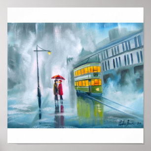 Poster Guarda-chuva do dia chuvoso da pintura a óleo do