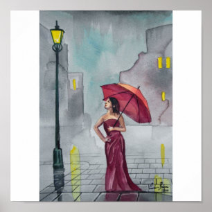 POSTER GUARDA-CHUVA DO VERMELHO DO DIA CHUVOSO