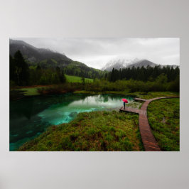 Poster Guarda-chuva vermelho lago verde