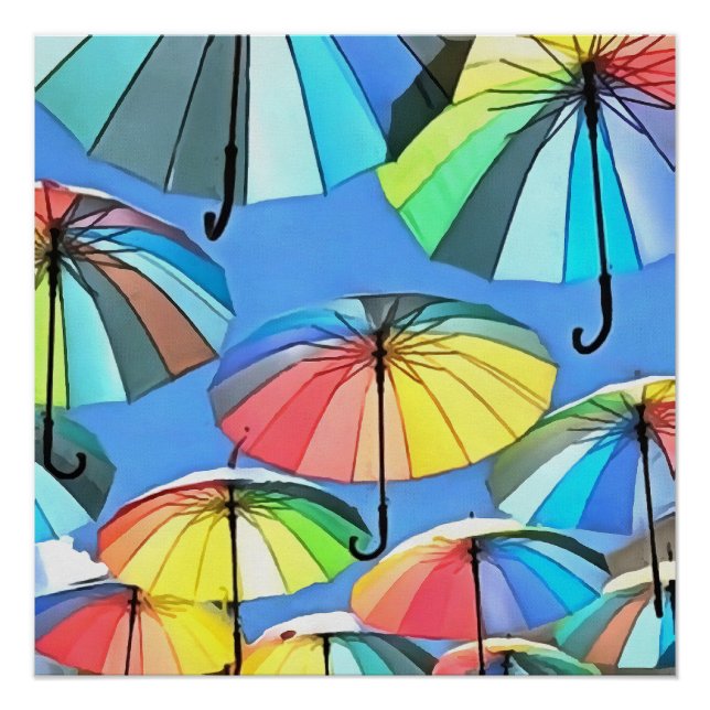Póster Guarda-chuvas Multicoloridas Flutuantes Whimsical (Frente)