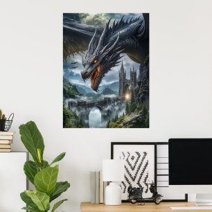 Poster Guarda Dragão Negro de um Castelo Gótico na Montan
