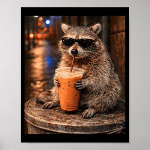 Poster Guaxinim bebendo café gelado meme animal engraçado