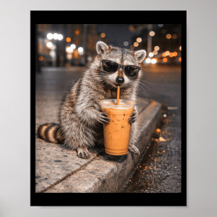 Poster Guaxinim bebendo café gelado meme animal engraçado