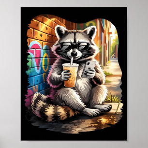 Poster Guaxinim bebendo café gelado meme engraçado de ani