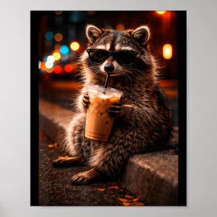 Poster Guaxinim bebendo café gelado, panda lixo engraçado