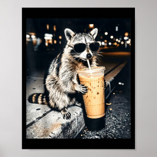 Poster Guaxinim engraçado bebendo café gelado 