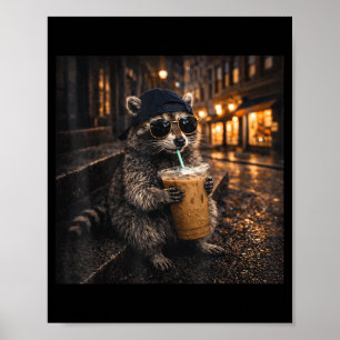 Poster Guaxinim engraçado bebendo café gelado animal lega