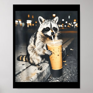Poster Guaxinim Engraçado Bebendo Café Gelado Meme Animal