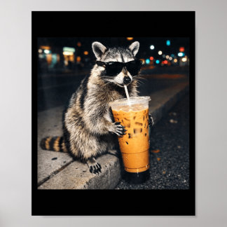 Poster Guaxinim engraçado bebendo café gelado meme animal