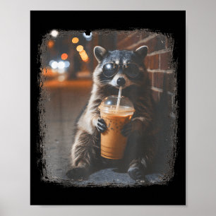 Poster Guaxinim engraçado bebendo café gelado meme de ani