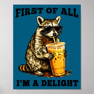 Poster Guaxinim engraçado bebendo meme de café gelado sar