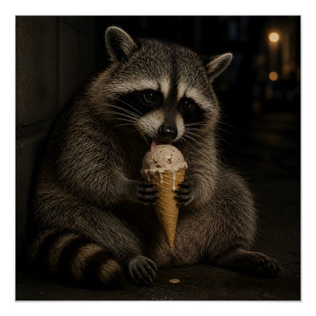 Póster Guaxinim Engraçado Comendo Sorvete (Frente)