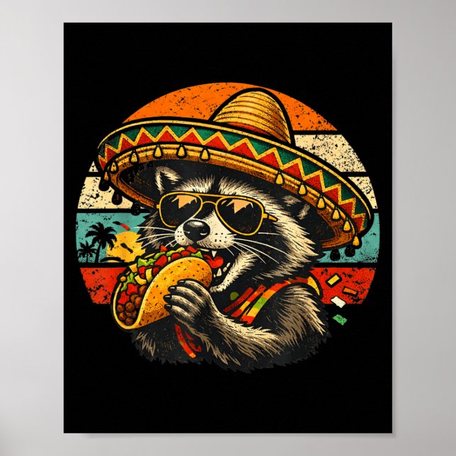 Poster Guaxinim Engraçado Comendo Taco Sombrero Retro Grá (Frente)