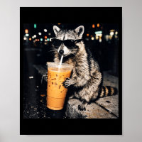 Guaxinim engraçado e legal bebendo café gelado mem