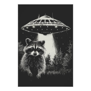 Póster Guaxinim Espacial Preto e Branco Divertido OVNI