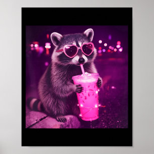 Poster Guaxinim rosa engraçado bebendo café gelado - fofo