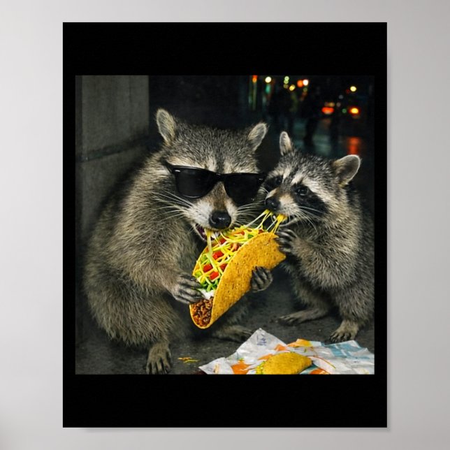 Poster Guaxinins comendo taco lixo engraçado panda comida (Frente)
