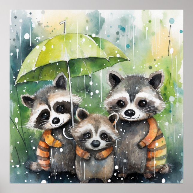 Poster Guaxinins Fofos na Chuva (Frente)