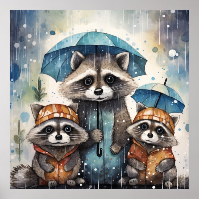 Poster Guaxinins Fofos na Chuva (Frente)