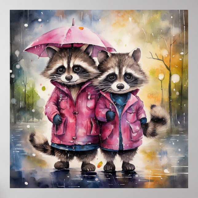 Poster Guaxinins Fofos na Chuva (Frente)