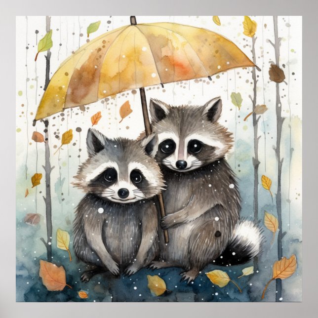 Poster Guaxinins Fofos na Chuva (Frente)