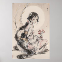 Poster Gueixa e Lua - Arte Tradicional Chinesa