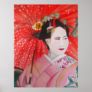 Póster Gueixa japonesa com arte vermelha do original do