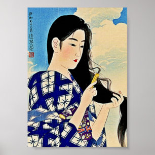 Póster Gueixa que penteia a arte de Woodblock Ukiyo-E do