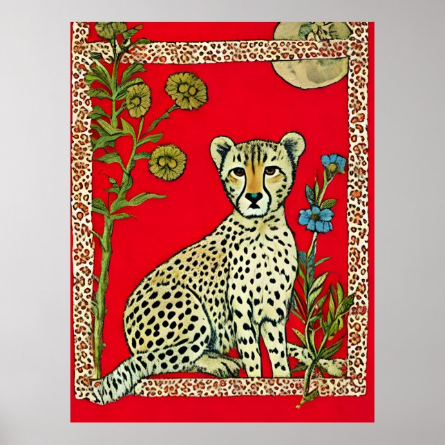 Poster Guepardo em um Fundo Vermelho Com Flores (Frente)
