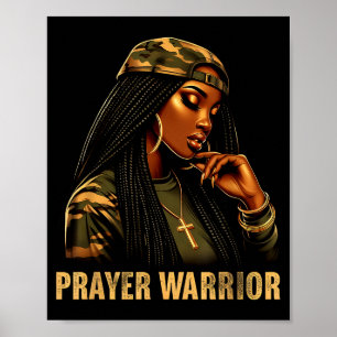 Poster Guerreira da Oração Mulher Negra Camo Fé Cristã Em