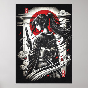 Poster Guerreira Geisha Katana - Arte de Tatuagem de Anim