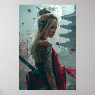 Poster Guerreira samurai mulher com katana — cultura japo