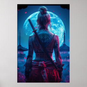 Poster Guerreira samurai mulher com katana — cultura japo