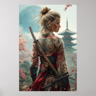 Poster Guerreira samurai mulher com katana — cultura japo